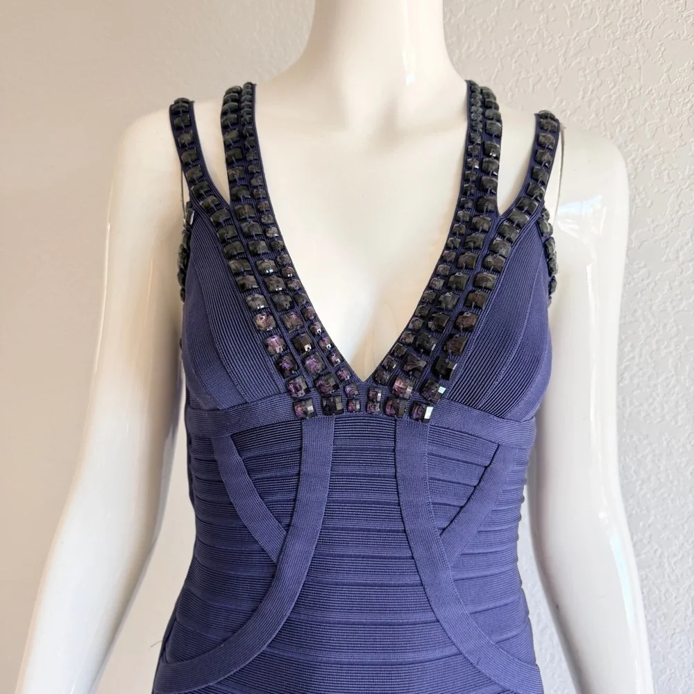 Herve Leger Navy V-Neck embellished Strap Midi Dress - Picture 6 of 8